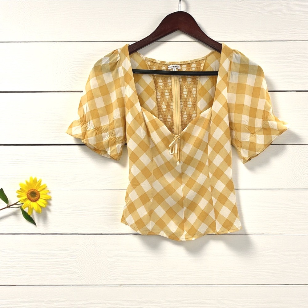 Reformation Yellow Gingham‎ Puff Sleeve Top | Cottagecore Coquette | Size 4
